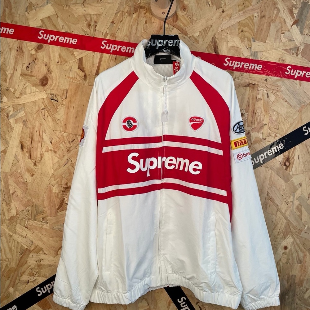 Supreme White and Red Track Windbreaker Jacket